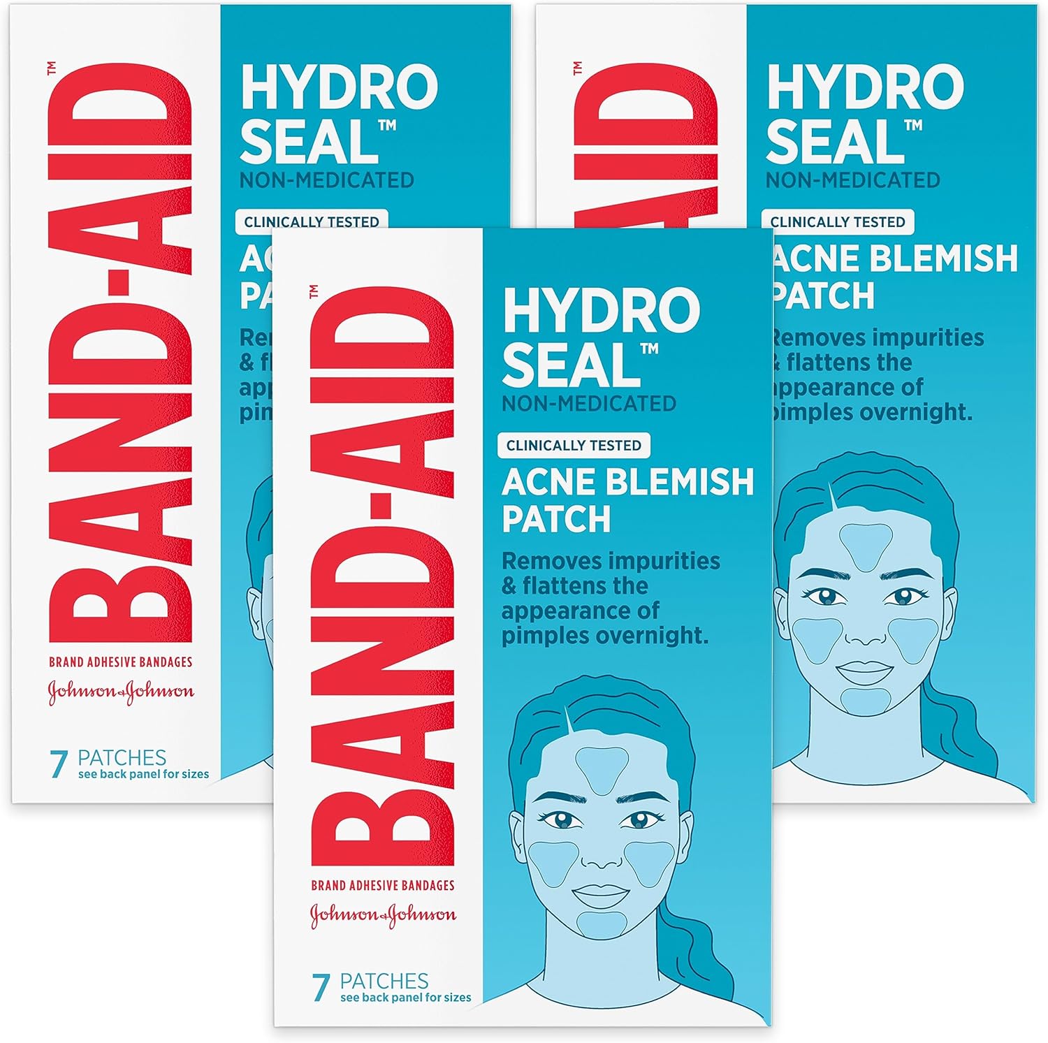 Band-Aid Brand Hydro Seal Acne Blemish Patches, Clear Non-Medicated Face Patch Absorbs Fluids & Provides A Protective Healing Environment For Pimples, Sterile, Three Pack, 3 X 7 Patches