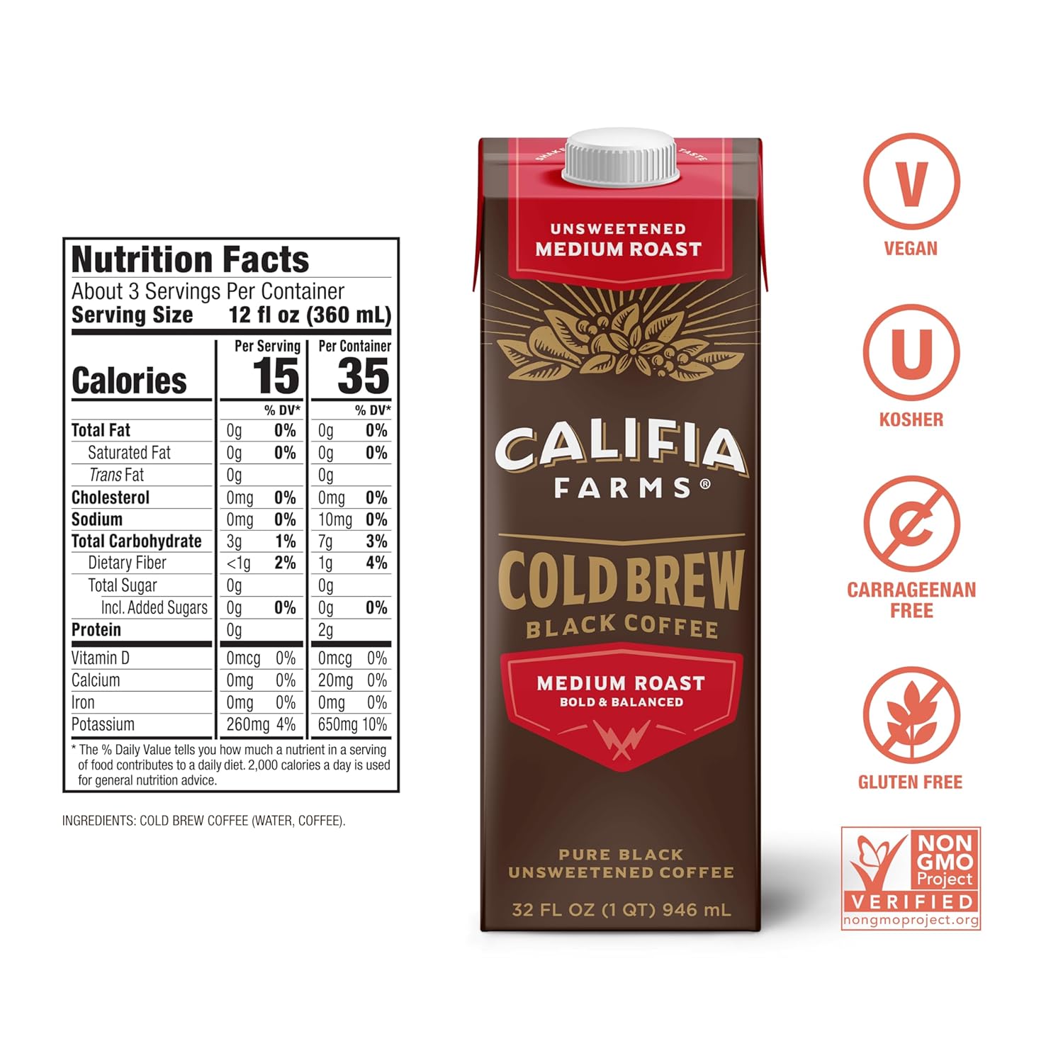 Califia Farms - Pure Black Medium Roast Cold Brew Coffee, 32 Oz (Pack Of 6), 100% Arabica, Shelf Stable, Plant Based, Vegan, Gluten Free, Non Gmo, Sugar Free, Iced Coffee