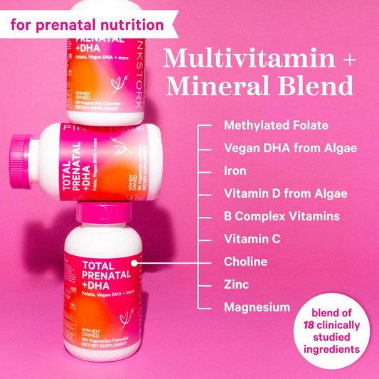 Pink Stork Total Prenatal Vitamins With Dha, Folate, And Iron, 3 Month Supply To Help Support Fetal Development, Pregnancy Must Haves - 180 Capsules