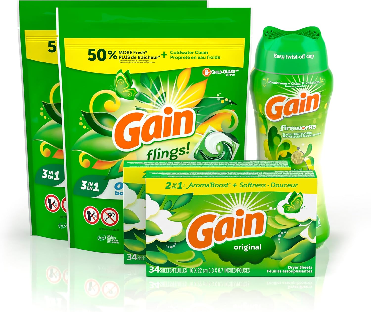 Gain Laundry Bundle: Gain Flings Laundry Detergent Pacs (2X31Ct), Gain Dryer Sheets (2X34Ct), Gain Fireworks Laundry Scent Booster Beads (12.2 Oz)