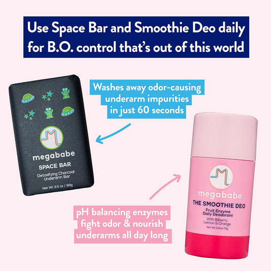 Megababe Underarm 2-Piece Bundle - Smoothie Deo Daily Deodorant 2.6 Oz & Space Bar Detox Soap 3.5 Oz | Odor Protection, Aluminum Free
