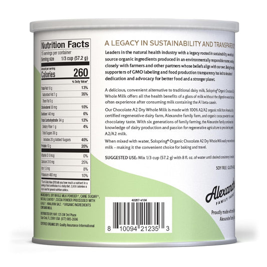 Dr. Mercola Solspring Organic A2 Dry Whole Milk, Natural Chocolate Flavor With Other Natural Flavors, 15 Servings, 19.7 Oz (1 Lb. 3.7 Oz.), Contains 26% Milk Fat, Gluten Free, Soy Free, Usda Organic