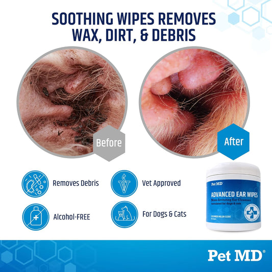 Pet MD Advanced Otic Ear Cleaner Wipes for Cats and Dogs - Veterinary Formula Treats Ear Infections - 100 Count