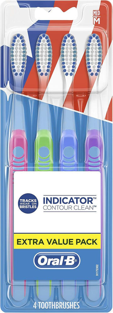 Oral-B Indicator Contour Clean Toothbrushes, Medium, 4 Count, Extra Value Pack (Color May Vary)