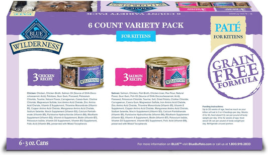 Blue Buffalo Wilderness Kitten Food, High-Protein & Grain-Free Wet Cat Food Paté Variety Pack, Chicken & Salmon Recipes, 3-Oz. Cans (6 Count, 3 Of Each)