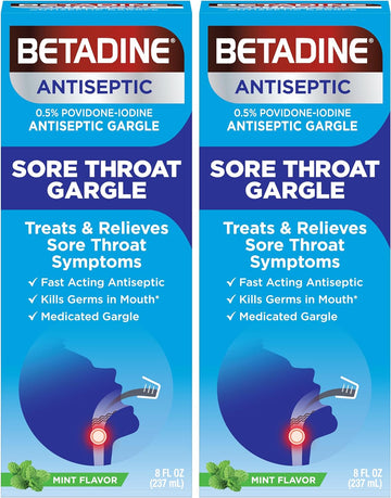 Betadine Antiseptic Medicated Gargle, Povidone-Iodine 0.5%, Treat And Relieve Sore Throat Symptoms, Temporarily Reduces Germs Normally Found In The Mouth, Mint Flavor, 8 Fl Oz (Pack Of 2)