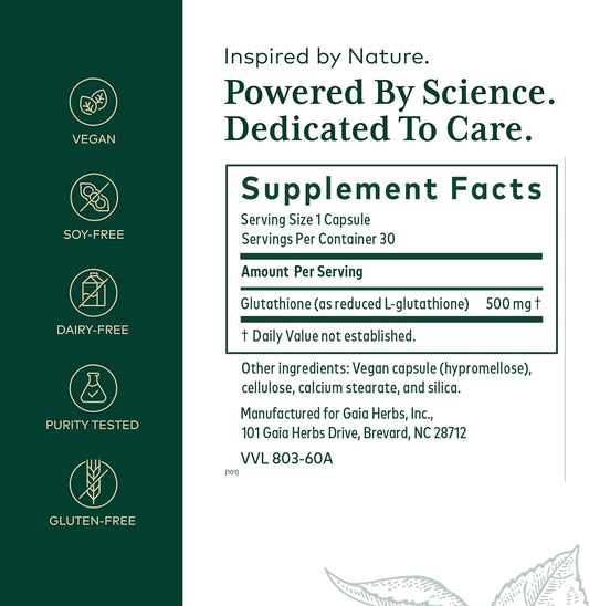 Gaia Herbs Pro Glutathione 500 - Herbal Supplement For Antioxidant Support - 30 Capsules (30 Servings)