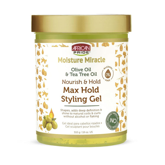 African Pride Moisture Miracle Olive & Tea Tree Oil Max Hold Styling Hair Gel (3 Pack), For Natural Coils & Curls, 18 oz