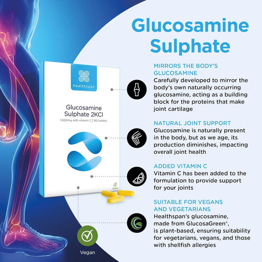 Healthspan Glucosamine Sulphate 2KCI 1,000mg (10 Months? Supply) | Sustainably sourced Plant-Based glucosamine to Support Your Joints | 591mg Glucosamine Base with 20mg Vitamin C | Vegan