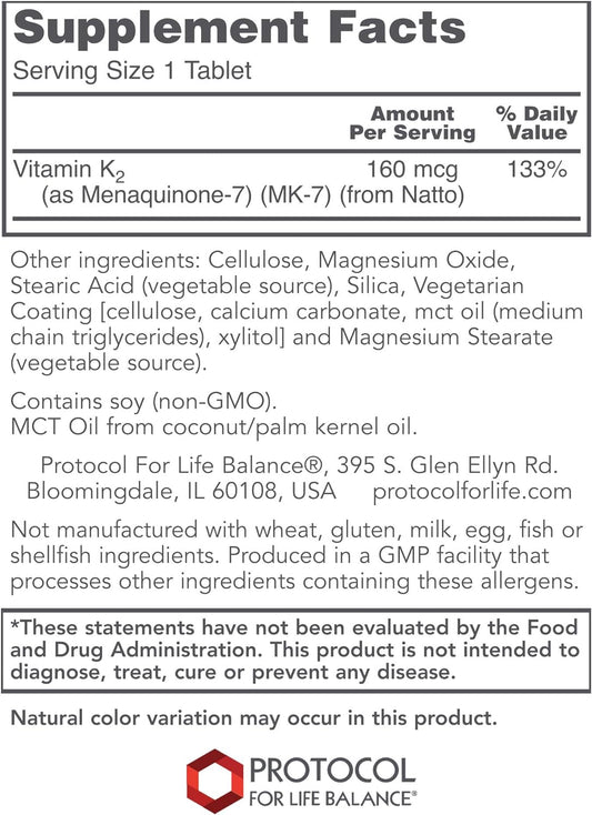 Protocol MK-7 Vitamin K2 160mcg - VIT K Supplement - MK-7 Vitamin K2 Life Balance - Supports Bone Health & Vascular Elasticity* - Non-GMO & Vegan - 60 Tablets