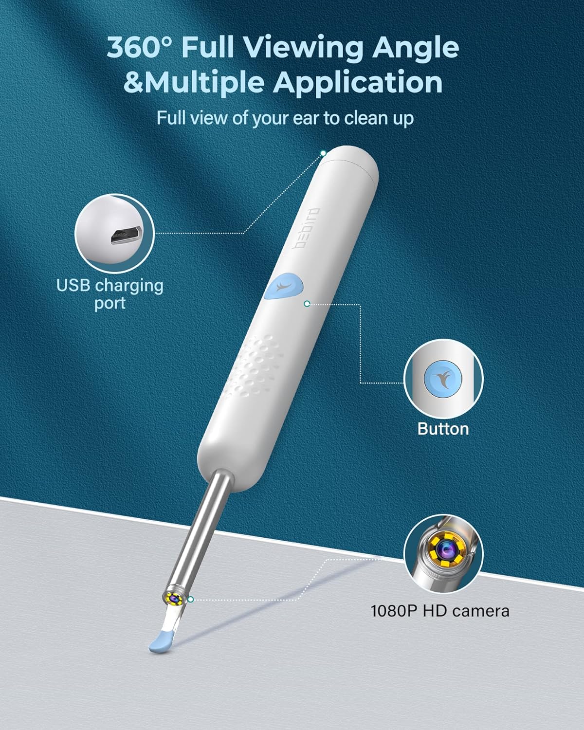 BEBIRD R1 Ear Wax Removal Tool, Ear Cleaner with Ear Camera, 1080P Ear Scope, Ear Wax Removal Kit with 2 Silicone Ear Scoops, Ear Pick with 6 LED Light for Earwax Removal, White