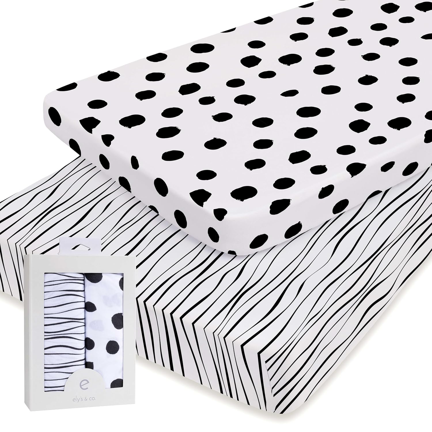 Pack N Play Playard Sheet | Portable Crib Sheet Set 2 Pack Black And White Abstract Stripes And Dots By Ely'S & Co