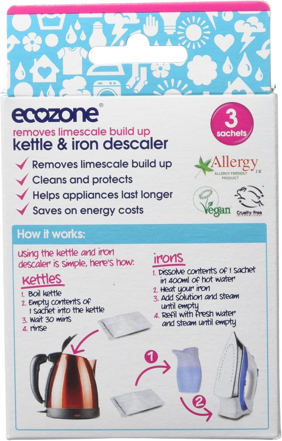 Ecozone Kettle And Iron Descaler, Internal Cleaner & Scale Remover For Kitchen & Home Appliances, Limescale Prevention Sachets, Easy To Use, Natural Vegan & Non Toxic Eco-Safe Formula (3 Treatments)