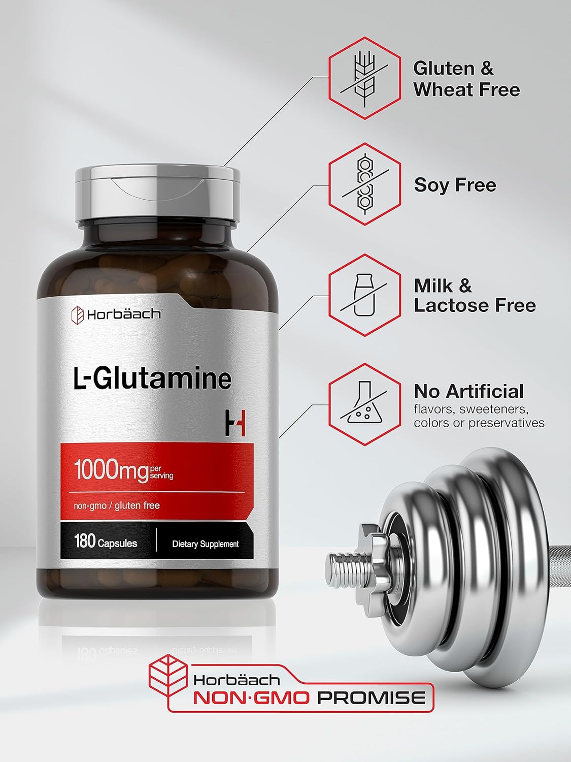 Horbäach L Glutamine Capsules | 1000mg | 180 Count | Pre and Post Workout | Non-GMO, Gluten Free Supplement : Health & Household