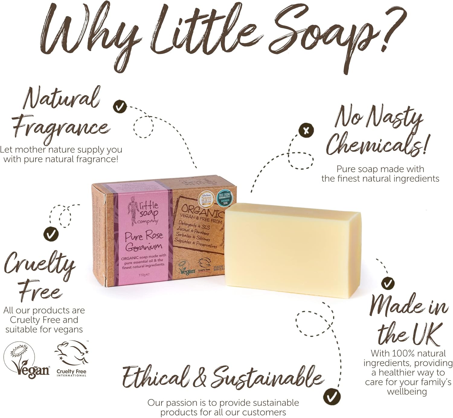 Little Soap Company Organic Soap Bar – Vegan, Cruelty Free, No SLS or Parabens, With Rose Geranium, Natural & Organic Body & Hand Soap (110g) : Amazon.co.uk: Beauty