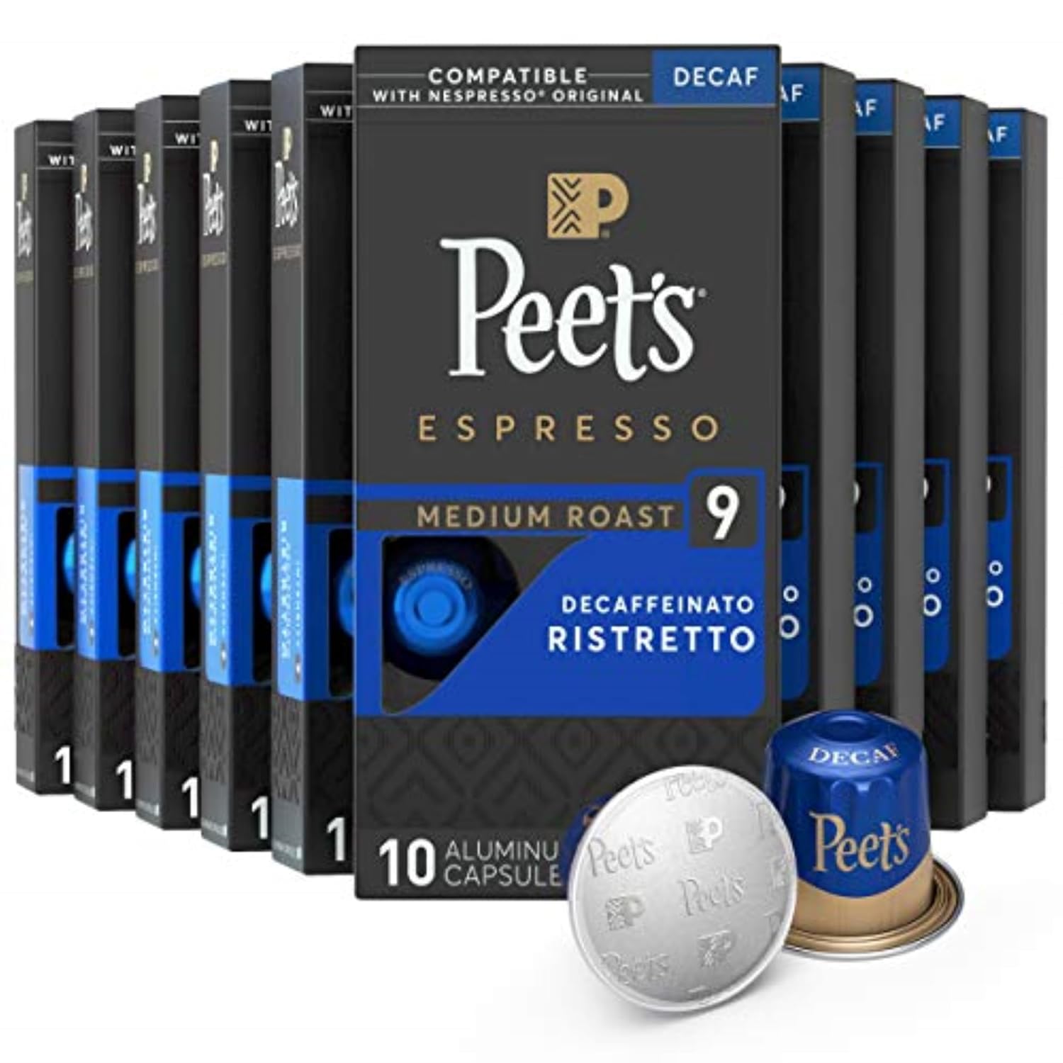 Peet's Coffee, Dark Roast Decaf Espresso Coffee Pods, Decaf Ristretto Intensity 9, 100 Count (10 Boxes of 10 Espresso Capsules)