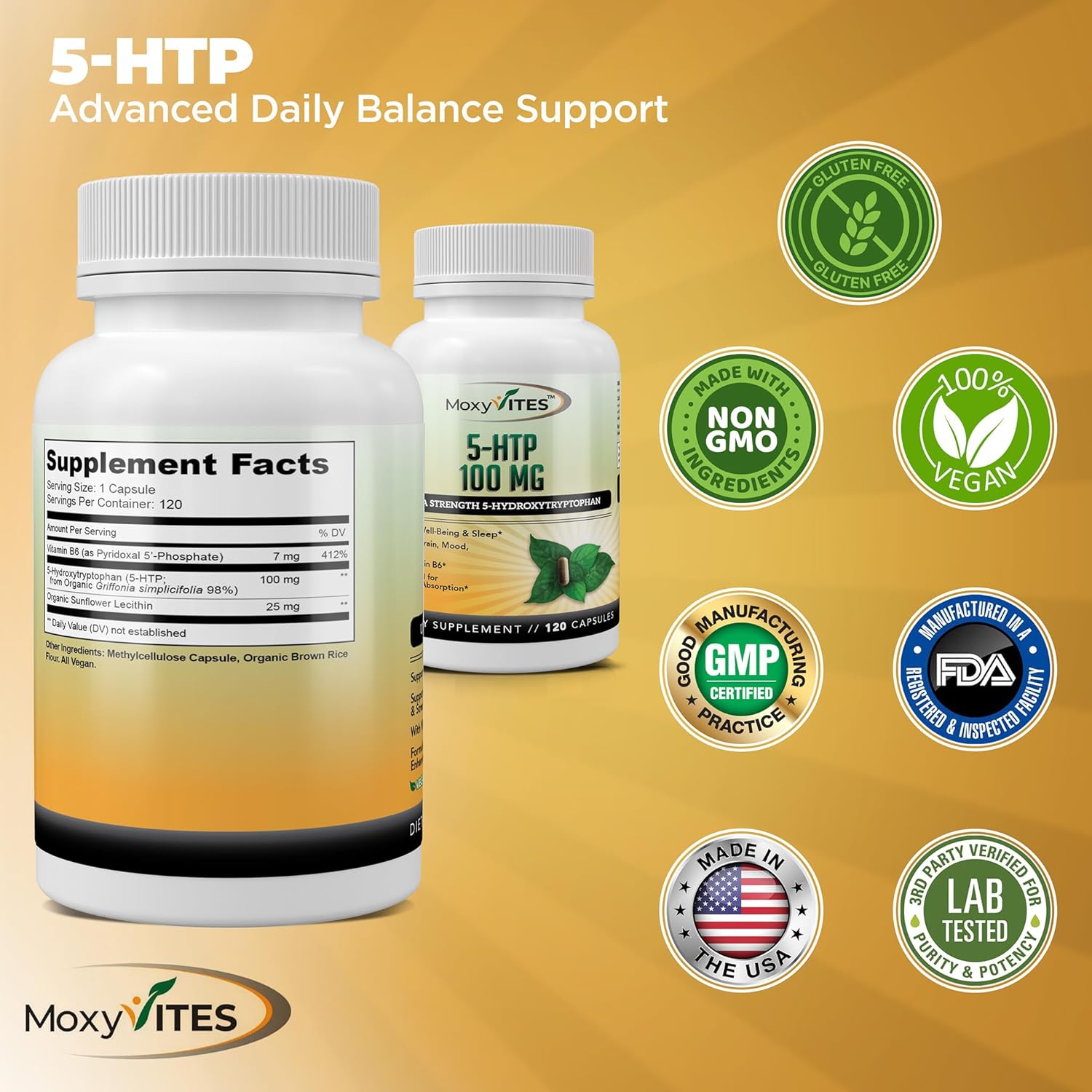 Moxyvites 5Htp 100Mg Supplement, Plus B6, 5 Htp Organic Whole Food - Best Serotonin Booster - Non-Gmo, 120 Vegan Capsules : Health & Household