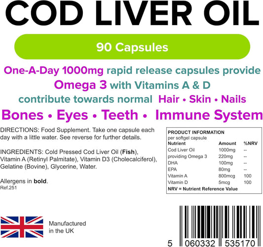 Lindens - Cod Liver Oil 1000Mg - 90 Capsules - Uk Made - Omega 3 With Vitamins A & D - For Normal Skin, Hair, Nails, Bones & Vision, Brain & Immune Function - Letterbox Friendly