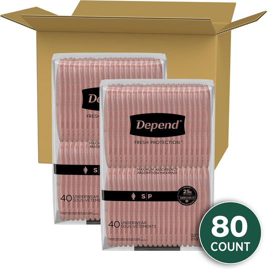 Depend Fresh Protection Adult Incontinence & Postpartum Bladder Leak Underwear For Women, Disposable, Maximum, Small, Blush, 80 Count (2 Packs Of 40), Packaging May Vary