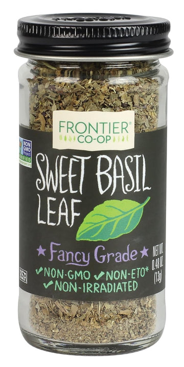 Frontier Sweet Basil Leaf, 0.48 Ounce Bottle, Cut & Sifted, Warm Mild Flavor Is Great With Vegetables Dressings, Soup & More