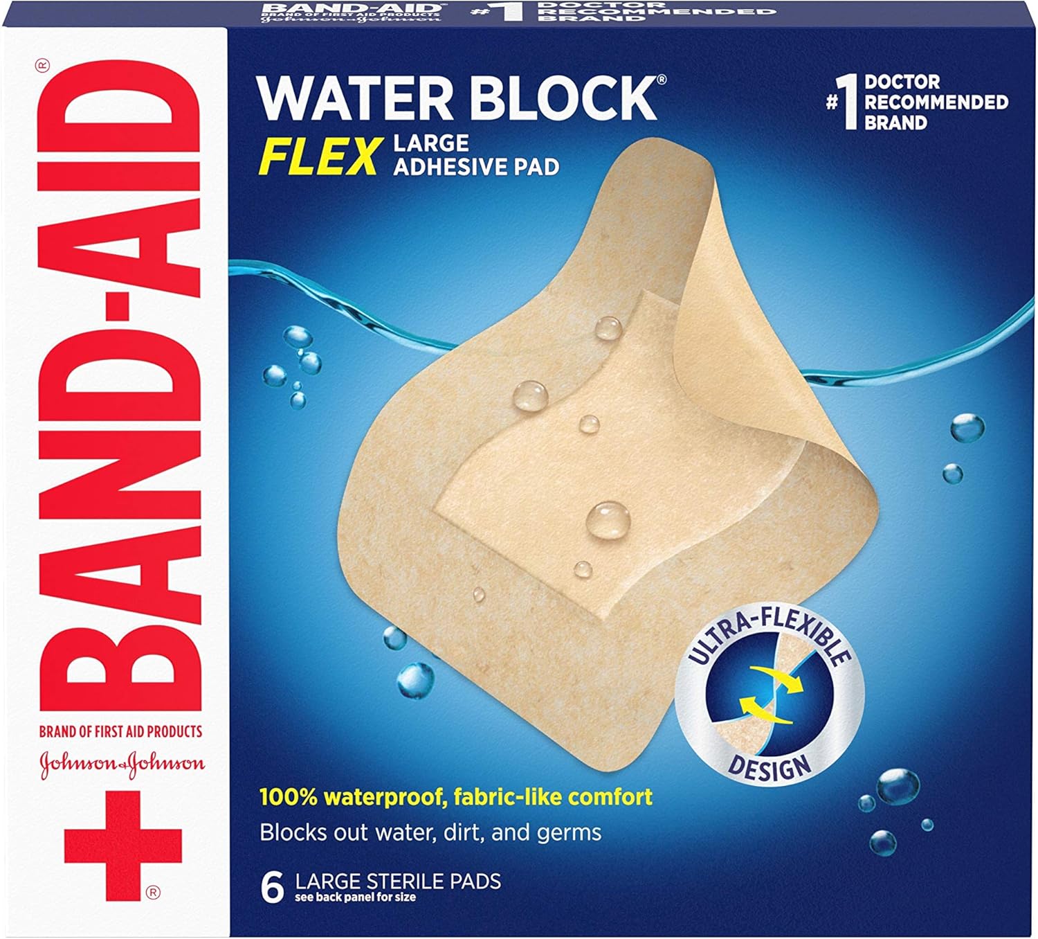 Band-Aid Brand Water Block Flex Large Adhesive Pads, 100% Waterproof Bandage Pads For First-Aid Wound Care Of Minor Cuts, Scrapes & Wounds, Ultra-Flexible Design, Sterile, Large, 6 Ct