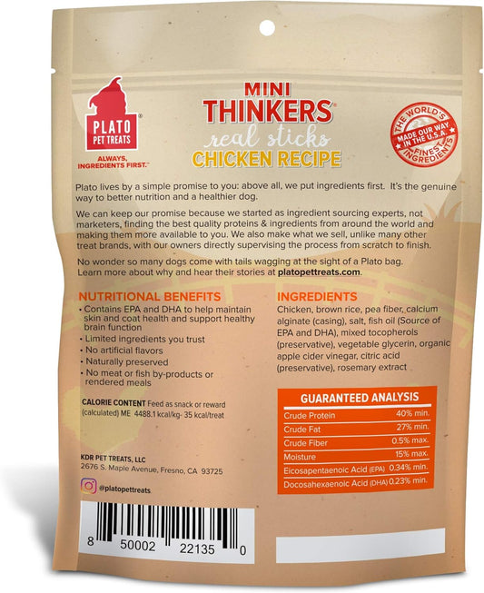 Plato Pet Treats Air Dried Dog Treats Chicken Mini Thinkers Sticks, Natural Dog Treats, Real Meat, Air Dried, Made In The Usa, 6Oz