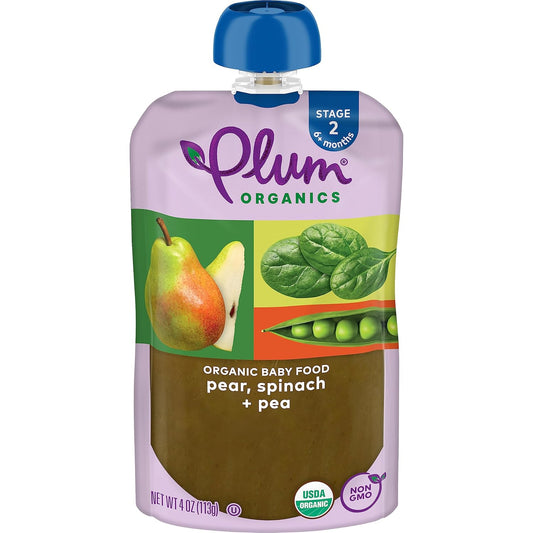 Plum Organics Stage 2 Organic Baby Food - Pear, Spinach, And Pea - 4 Oz Pouch (Pack Of 12) - Organic Fruit And Vegetable Baby Food Pouch