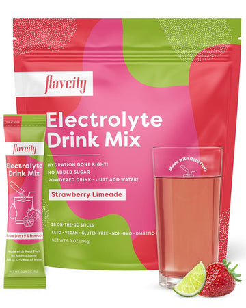 Flavcity Strawberry Limeade Electrolytes Drink Mix, 28 On-The-Go Stick Packs - Healthy Electrolytes Powder Packets Made With Real Fruit - Keto Powdered Drink With No Added Sugar, Gluten-Free