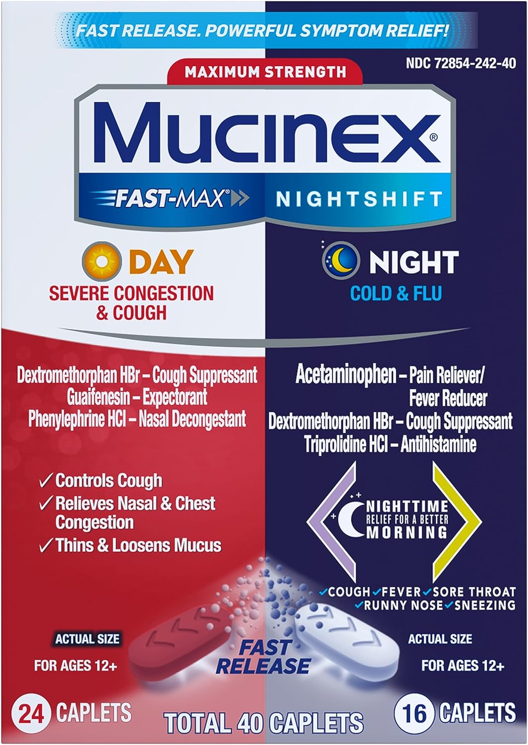 Mucinex Maximum Strength Fast-Max Day Severe Congestion & Cough & Nightshift Night Cold & Flu, Fast Release, Powerful Multi-Symptom Relief, 40 caplets (24 Day time + 16 Night time)