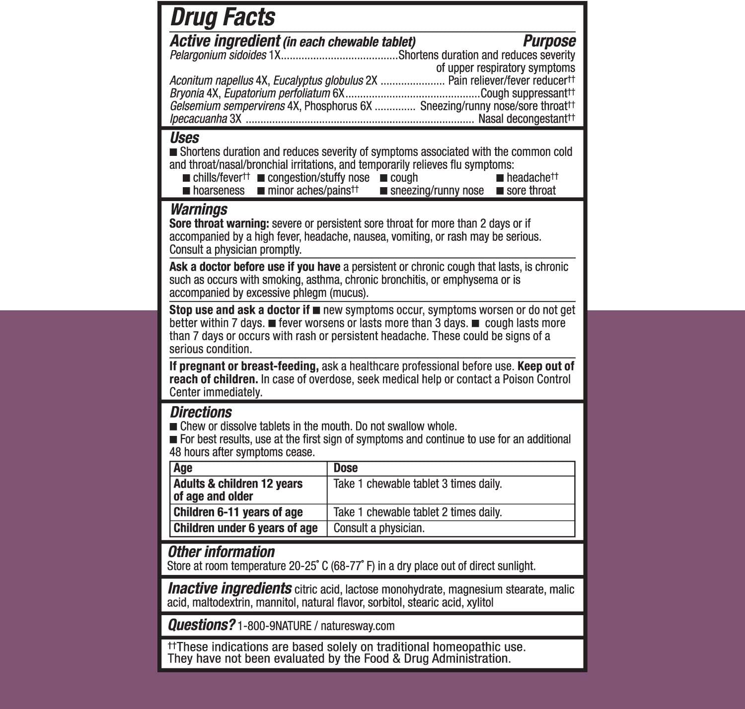 Nature's Way Umcka Cold+Flu Homeopathic, Fever**, Sore Throat, Cough, Congestion, Minor Aches/Pains**, Phenylephrine Free, Non-Drowsy, Orange Flavored, 20 Chewable Tablets : Health & Household