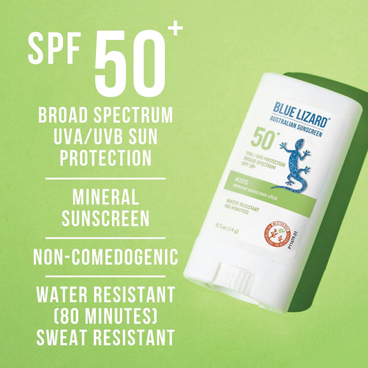 Blue Lizard Mineral Sunscreen Stick With Zinc Oxide Spf 50+ Water Resistant Uva/Uvb Protection Easy To Apply Fragrance Free, Kids, Unscented, 0.5 Oz