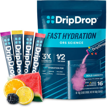 Dripdrop Hydration - Bold Variety Pack - Electrolyte Drink Mix Single Serve Hydration Powder Packets - Watermelon, Berry, Lemon, Orange | Non-Gmo, Gluten Free, Vegan | 16 Sticks