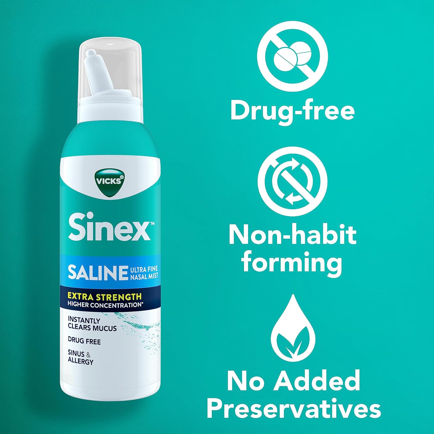 VICKS Sinex Saline Extra Strength Nasal Spray, 3X Concentrated* Drug Free Ultra Fine Mist, Instantly Clears Mucus, Ultra Concentrated to Clear Congestion Fast, Safe For Daily Use, 5 OZ x 2 : Health & Household