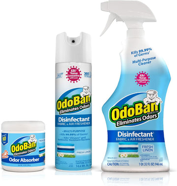OdoBan Multipurpose Cleaner Disinfectant and Harsh Smell Eliminator Fabric/Air Freshener Pack: Ready-to-Use 360-Degree Continuous Spray, Trigger Spray, Solid Smell Absorber, Fresh Linen Scent