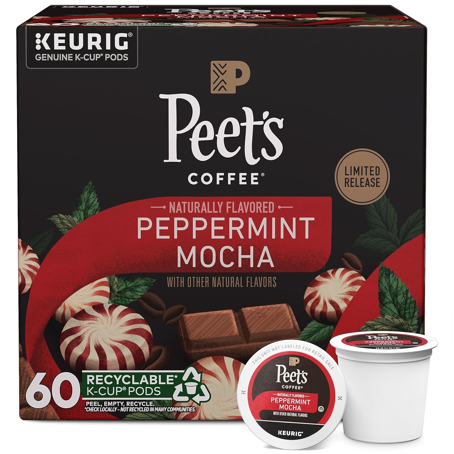 Peet's Coffee, Flavored Coffee K-Cup Pods for Keurig Brewers - Peppermint Mocha, 60 count (6 boxes of 10 pods), Light Roast