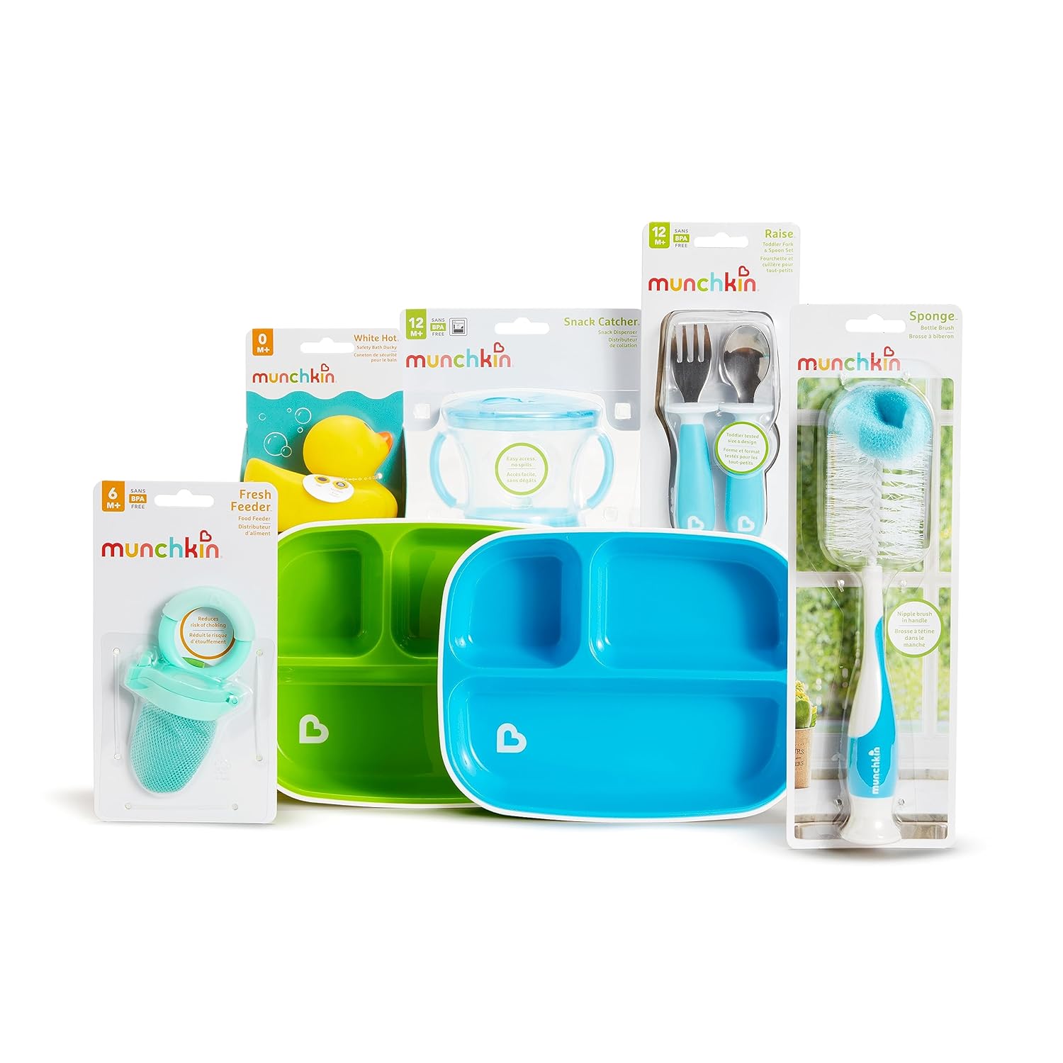 Munchkin® New Beginnings Baby Gift Set, Includes Feeding Utensils, Divided Plates, Bottle Brush, Bath Toy and Teether, Blue : Baby