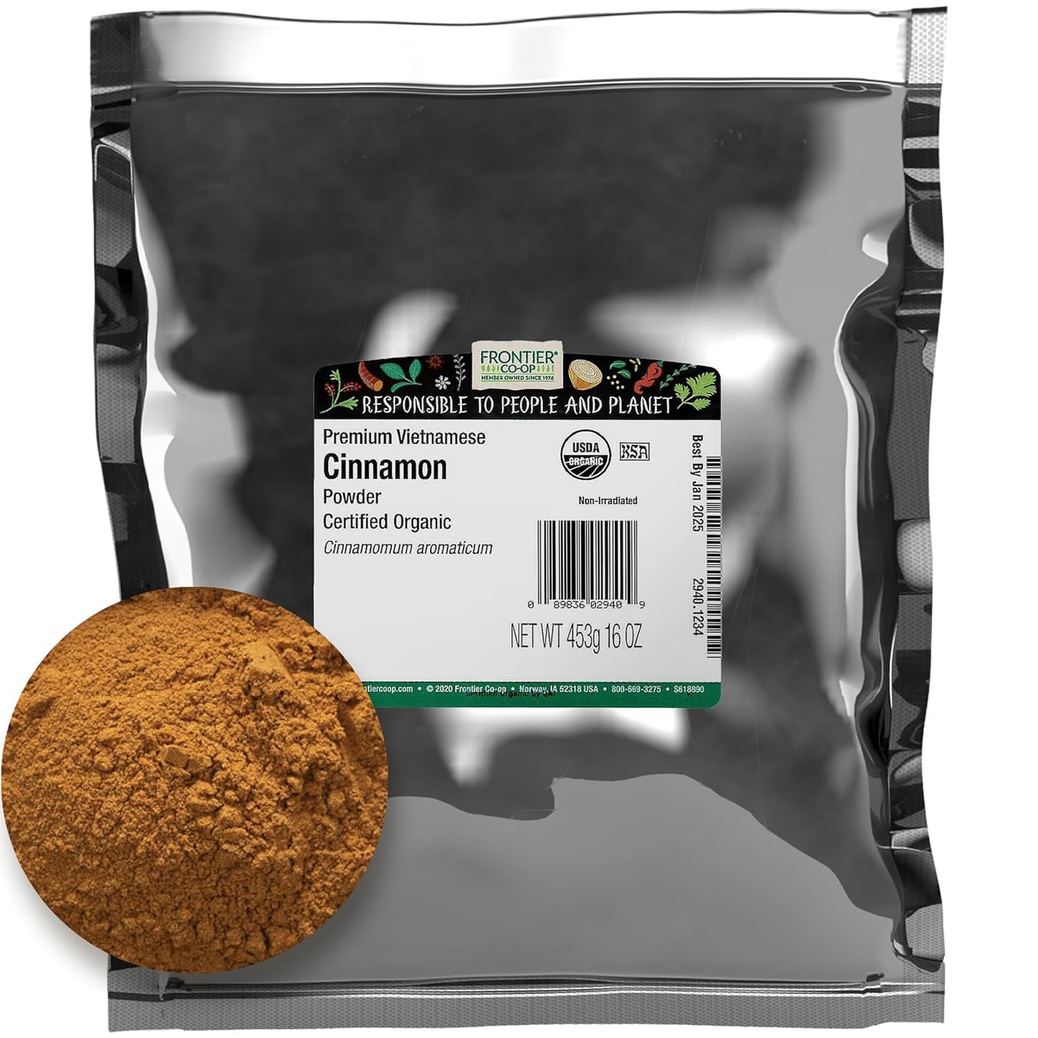 Frontier Organic Ground Vietnamese Cinnamon, 1-Pound Bulk, Premium Quality Cinnamon, Full Balanced Spicy Flavor, Kosher