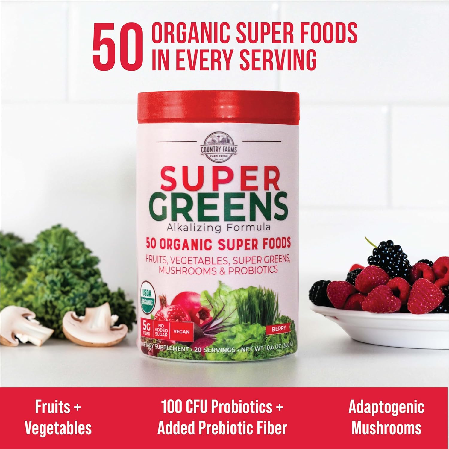 COUNTRY FARMS Super Greens Berry Flavor, 50 Organic Super Foods, USDA Organic Drink Mix, Fruits, Vegetables, Super Greens, Mushrooms & Probiotics, Supports Energy, 20 Servings, 10.6 Oz : Everything Else