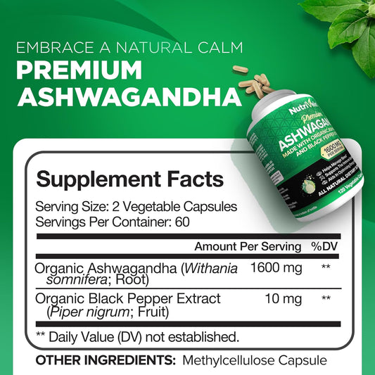 Nutrivein Organic Ashwagandha Capsules 1600Mg With Black Pepper Extract - 120 Vegan Pills - 100% Pure Root Powder Supplement - Supports Stress Relief, Immune, Energy, Stamina & Mood