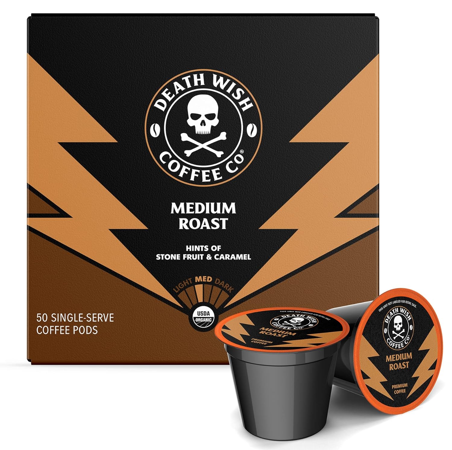 Death Wish Coffee Co. Medium Roast Single Serve Pods - Extra Kick of Caffeine - Lighter Blend of Bold Arabica & Robusta Beans - USDA Organic Bold Full Body Roast for a Day Lift (50 Count)