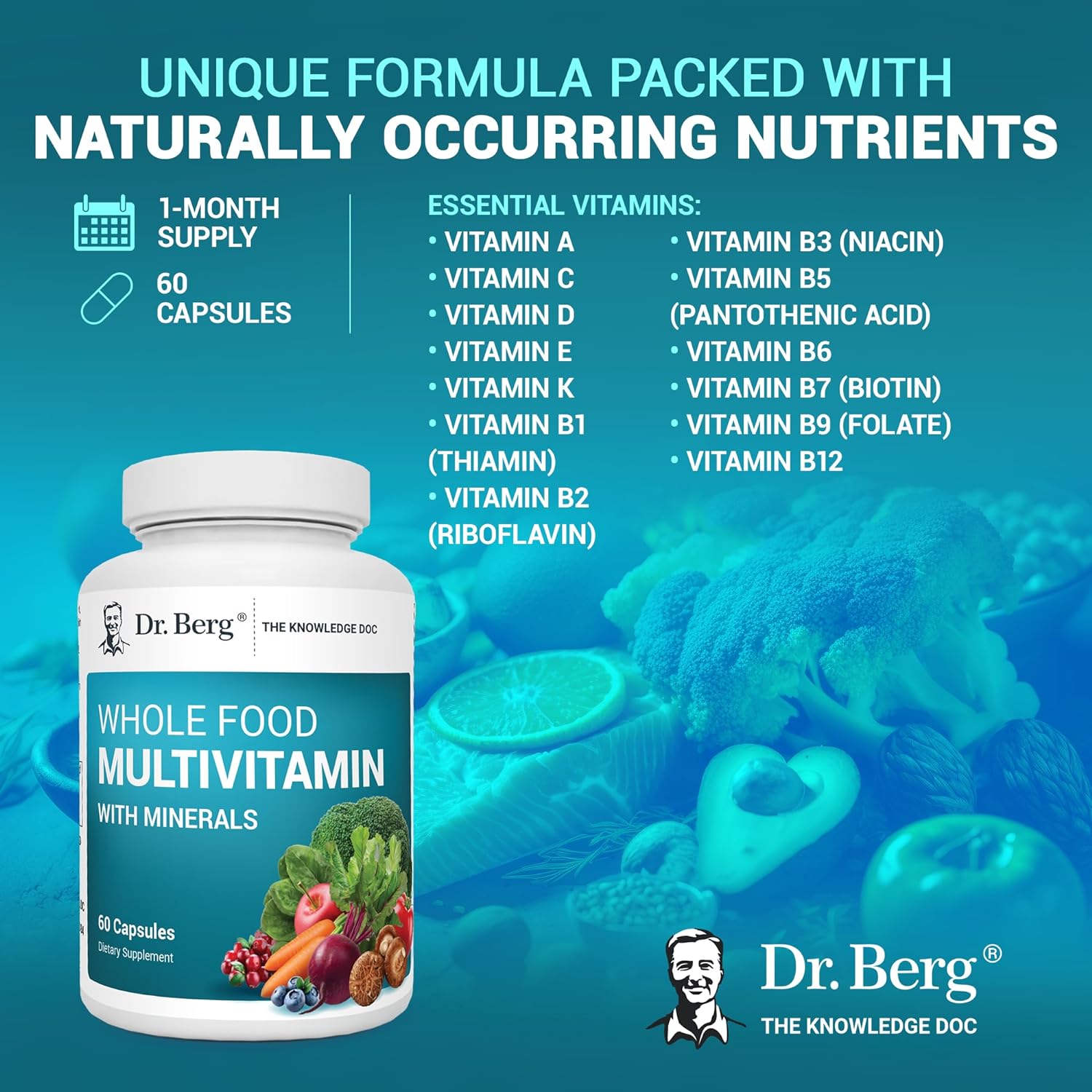 Dr. Berg Whole Food Multivitamin with Minerals - Daily Multivitamin for Men and Women - Includes Premium Whole Food Fruits and Vegetable Blend with Folate, Alpha-lipoic Acid and More - 60 Capsules : Health & Household