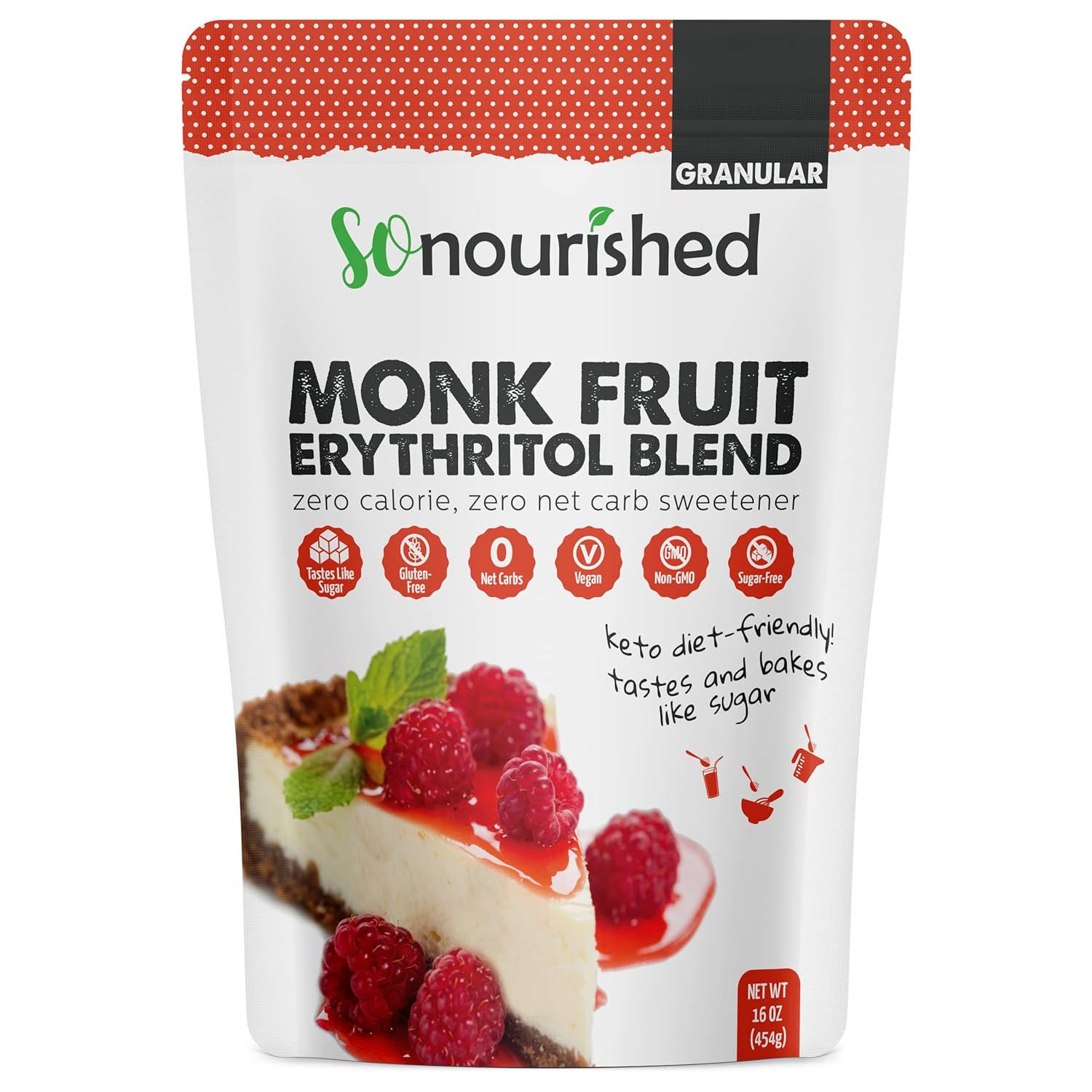 Monk Fruit Sweetener With Erythritol Granular - 1:1 Sugar Substitute, Keto - 0 Calorie, 0 Net Carb, Non-Gmo 1Lb