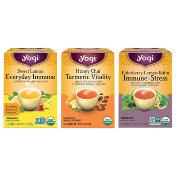 Yogi Tea Immune Support Tea Variety Pack - 16 Tea Bags Per Pack (3 Packs) - Immunity Support Tea Sampler Set - Sweet Lemon Everyday Immune Tea, Honey Chai Turmeric Vitality Tea & More