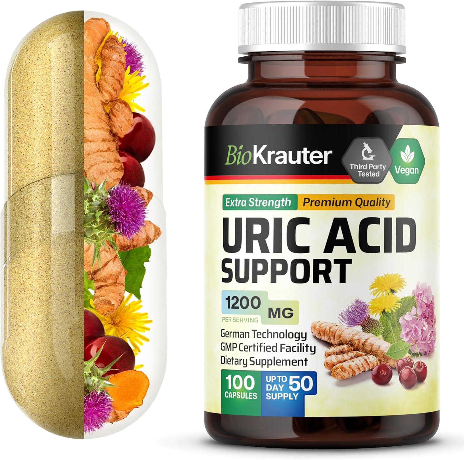 Bio Krauter Uric Acid Support Capsules 1200 Mg Blend - 100 Count - Kidney Supplement W/Tart Cherry 10:1 Extract - Milk Thistle & Turmeric Extract - Vegan