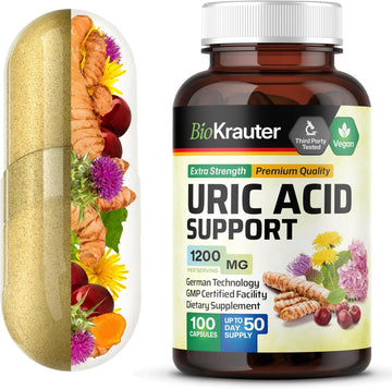 Bio Krauter Uric Acid Support Capsules 1200 Mg Blend - 100 Count - Kidney Supplement W/Tart Cherry 10:1 Extract - Milk Thistle & Turmeric Extract - Vegan