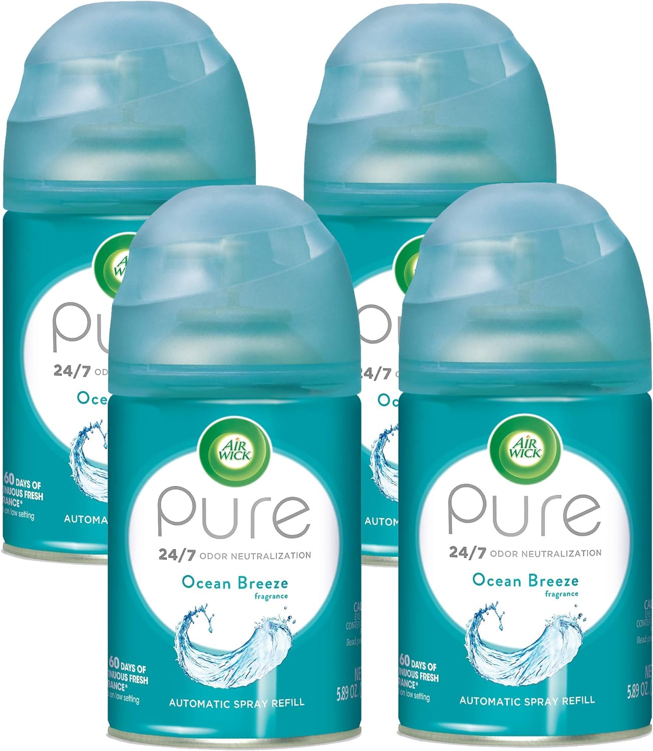 Air Wick Pure Freshmatic 4 Refills Automatic Spray, Ocean Breeze, Air Freshener, Essential Oil, Odor Neutralization, Packaging May Vary, 5.89 oz, Pack of 4