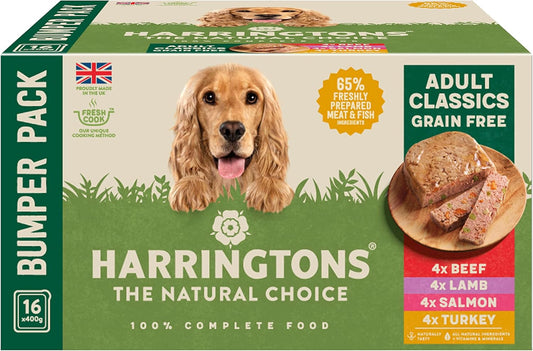 Harringtons Complete Wet Tray Grain Free Hypoallergenic Adult Dog Food Classics Bumper Pack 16x400g - Beef, Lamb, Salmon & Turkey- Made with All Natural Ingredients?HARRWBULKCL-C400