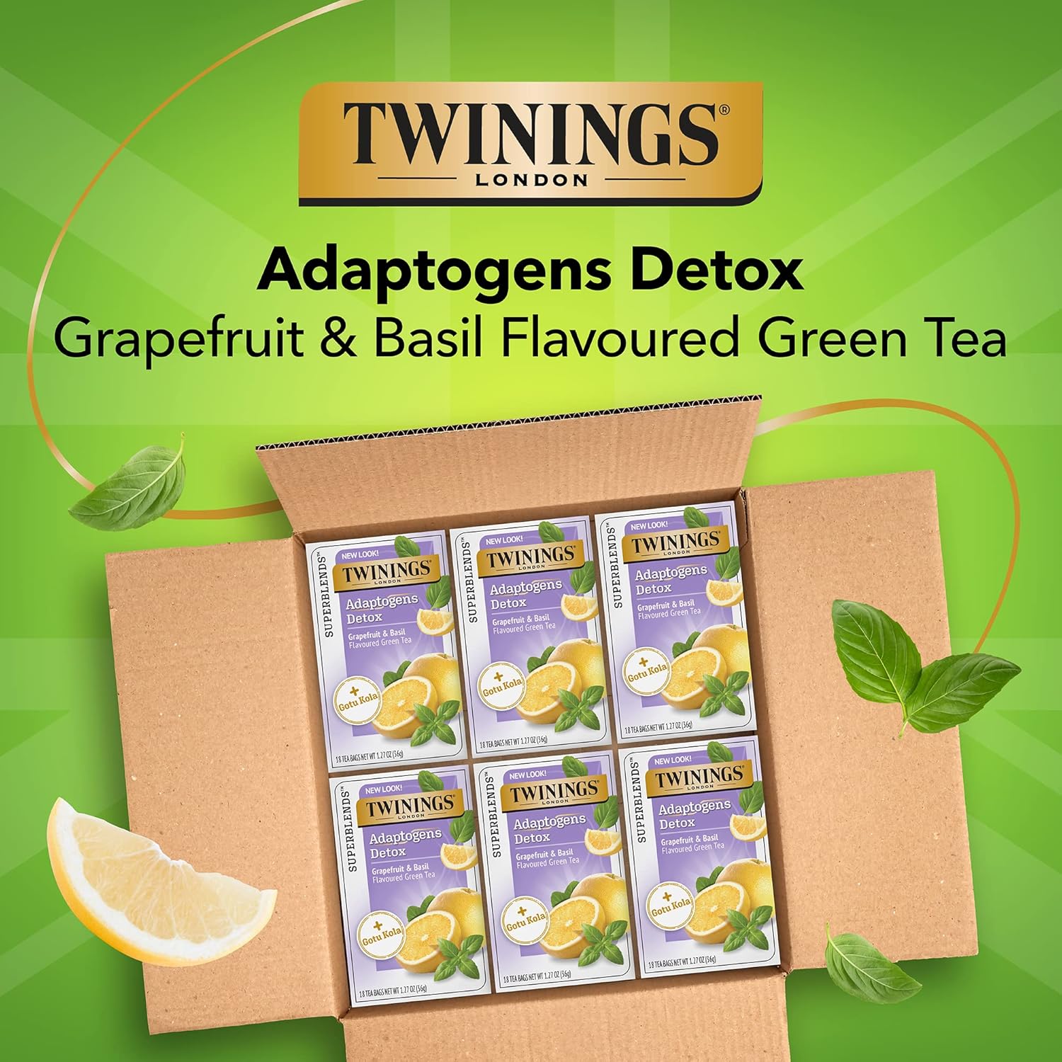 Twinings Superblends Adaptogens Detox With Gotu Kola, Grapefruit & Basil Flavoured Green Tea, 18 Tea Bags (Pack Of 6), Enjoy Hot Or Iced