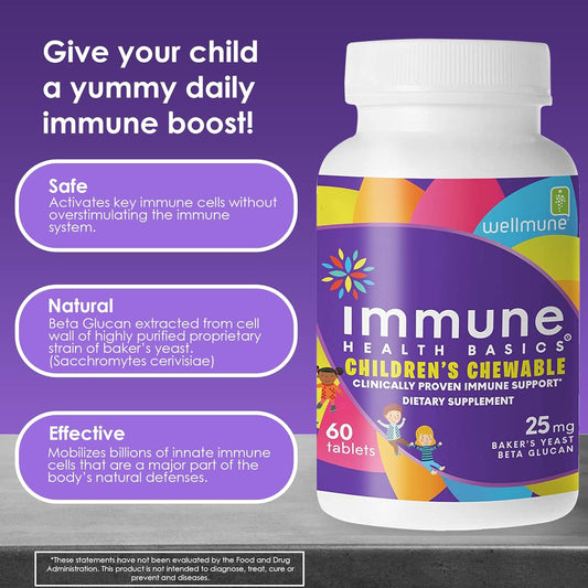 Immune Health Basics Children's Chewable Tablets, Wellmune Clinically Proven Highly Purified Beta Glucan Immunity Supplements for Children, Kids-Approved!