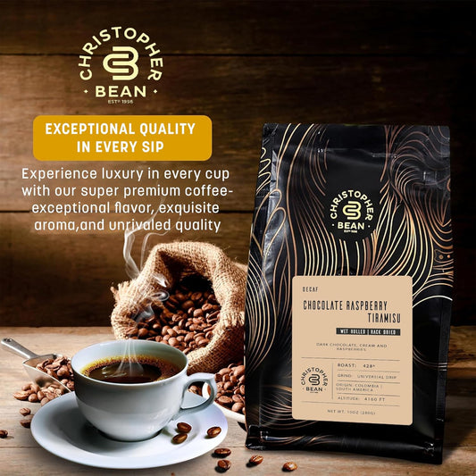 Christopher Bean Coffee Decaf Coffee Ground - Chocolate Raspberry Tiramisu Flavored Coffee, Decaffeinated Coffee W/ Non-Gmo Flavoring, Arabica Coffee Beans, Makes 30 Cups Non-Dairy & Sugar-Free 12 Oz